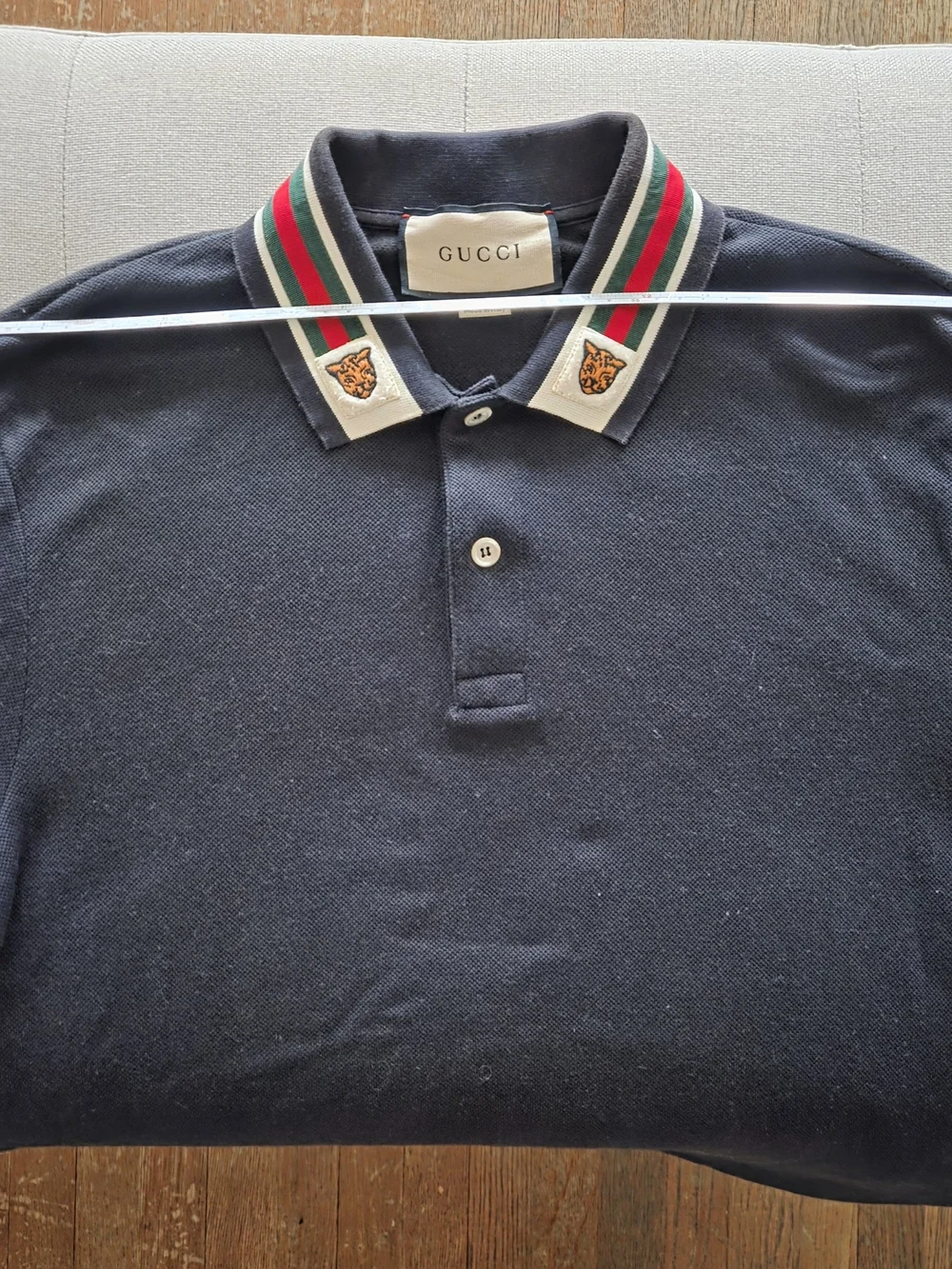 Men's Gucci Navy Polo with Tiger. Green & Red Stripe Collar Size L. Worn Once